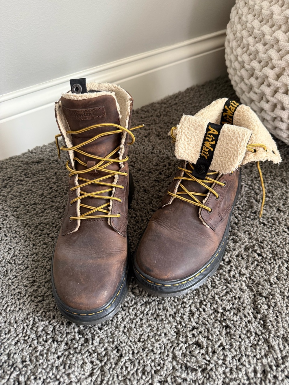 Dr. Martens Brown Leather Lace-Up Boots with Cream Sherpa